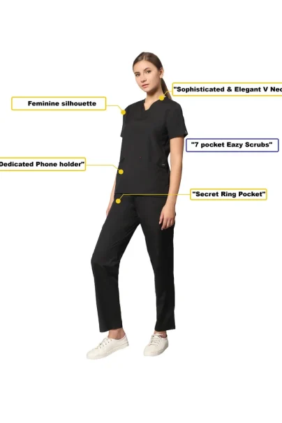 Women's Excellent Eazy 7 Pocket Scrub Set - Jet Black - Uninur Workwear